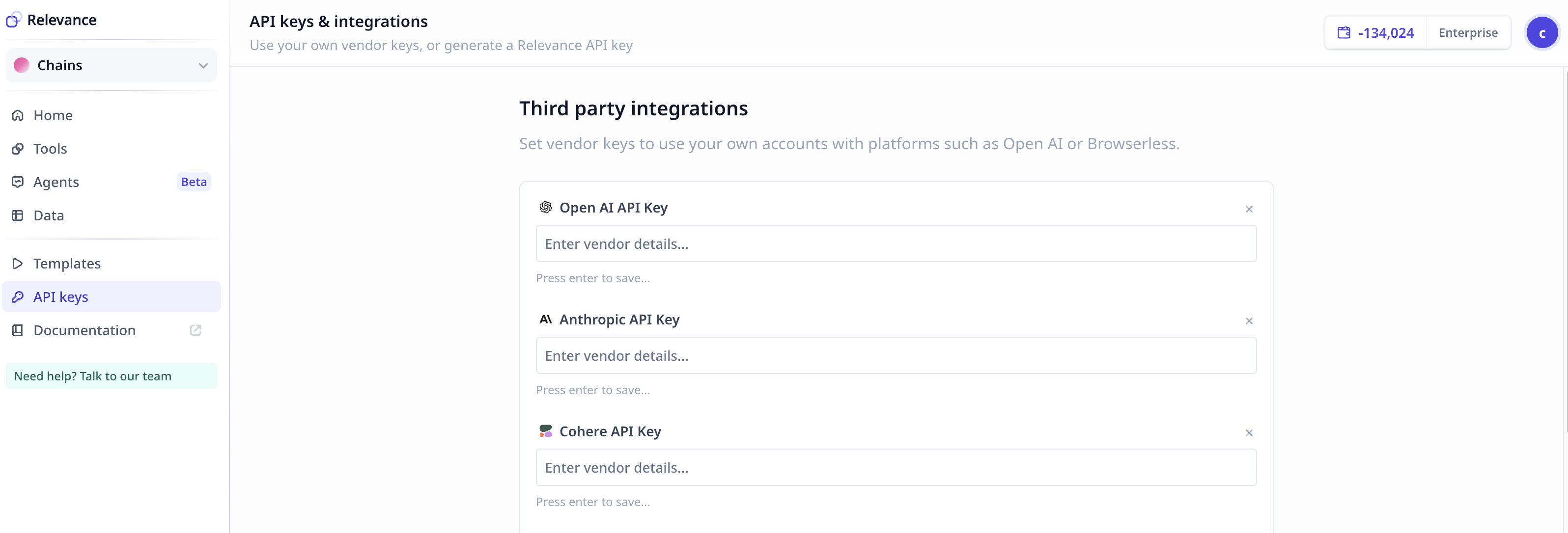 API key page