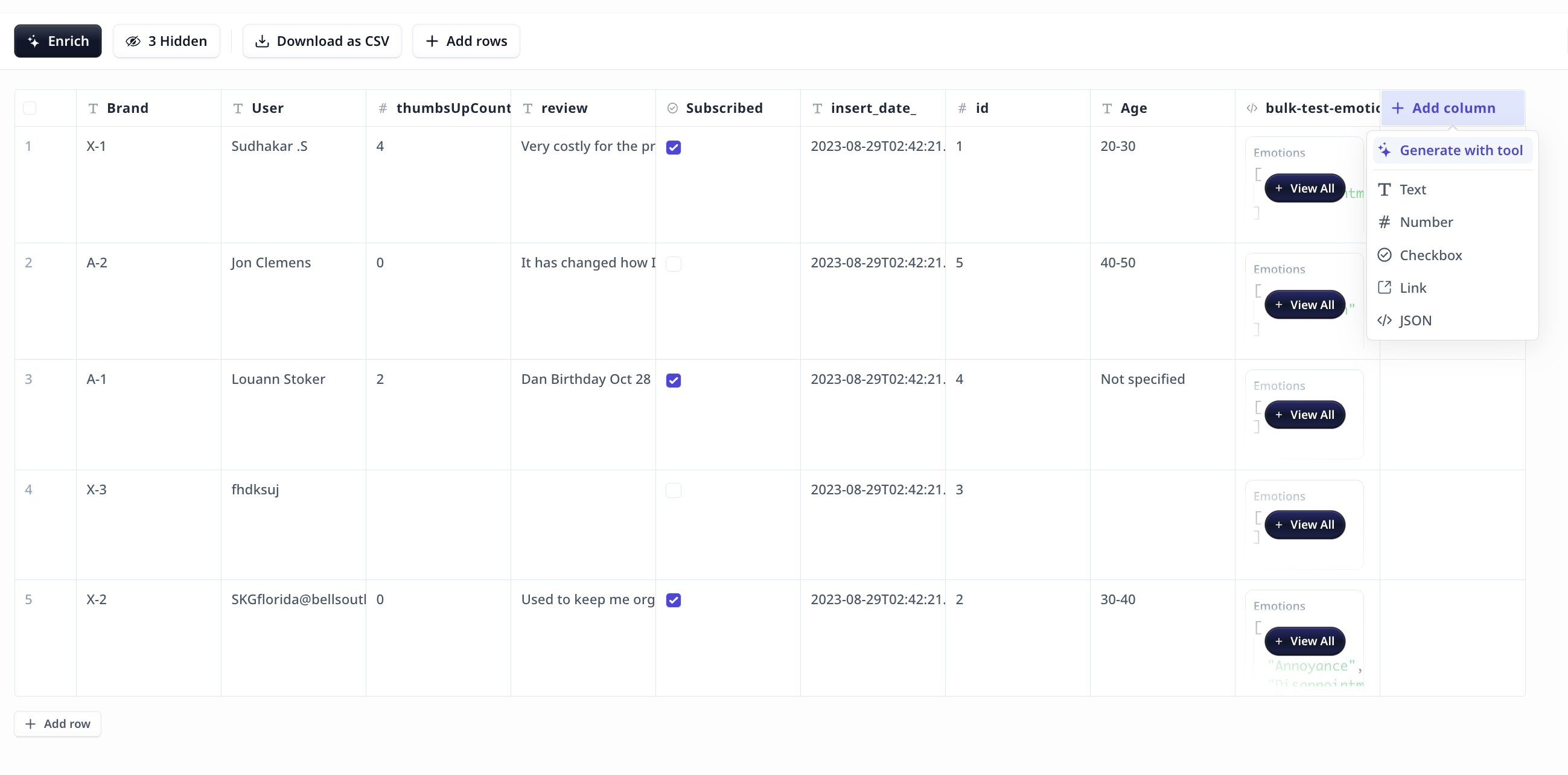 Bulk run - Table